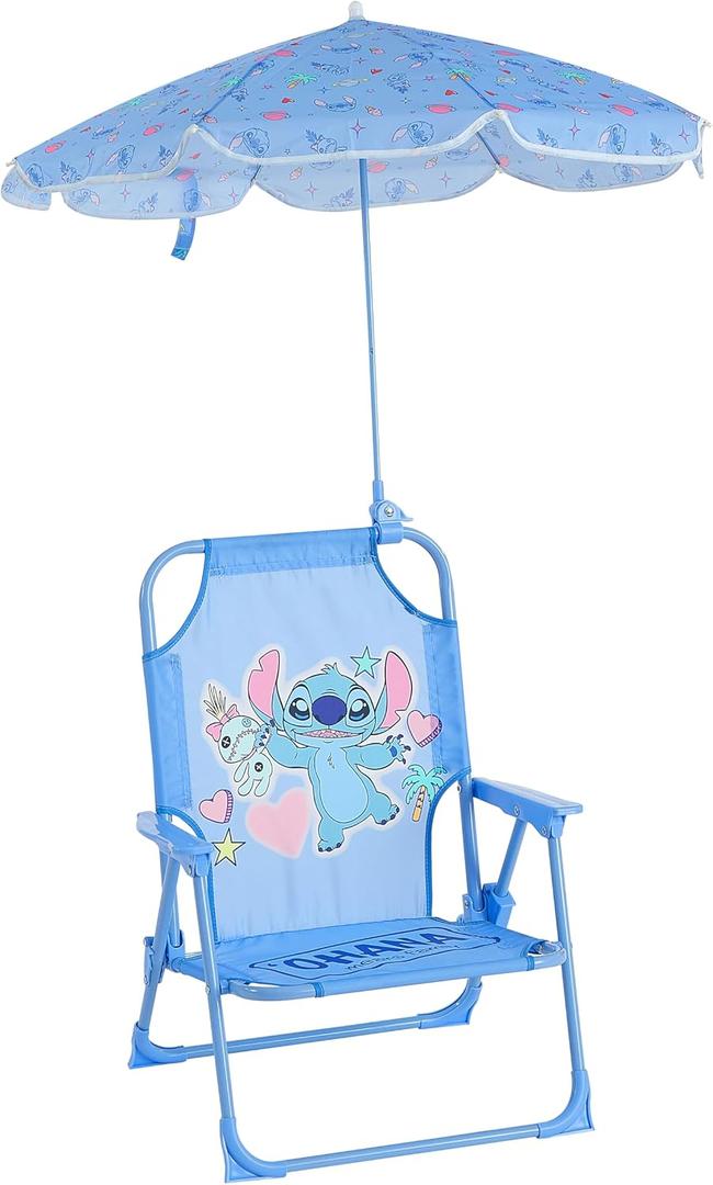Disney Stitch Kids Beach Chair with Umbrella,Foldable Portable Toddler Chair with Armrests, Locking Mechanism & Sun Shade
