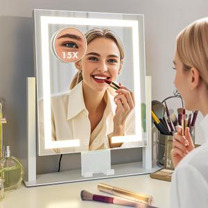 Makeup Mirror with Lights, Vanity Mirror with 3 Lighting Modes, Light Up Mirror, Touch Sensor, USB Powered, 360 Rotatable, Metal Frame, with Detachable 3.5" 15X Spot Mirror, Gift for Women