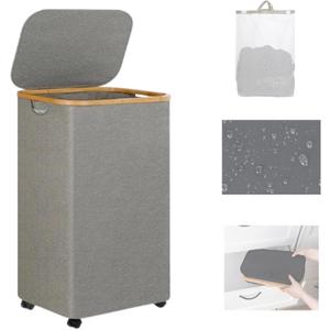 110L Laundry Basket On Wheels, Laundry Hamper With Lid & Bamboo Handle, And Removable Inner Bag Foldable Dirty Clothes Hamper For Bedroom Bathroom Dorm(Gray)