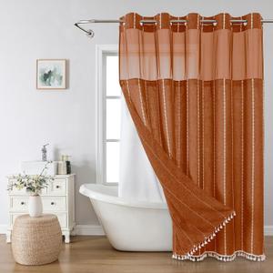 eachope Boho Farmhouse No Hook Shower Curtain Set with Snap-in Fabric Liner,Heavy-Duty Linen Textured Rustic Striped Design,Water-Repellent with Tassels and Sheer Window,Orange,71x74