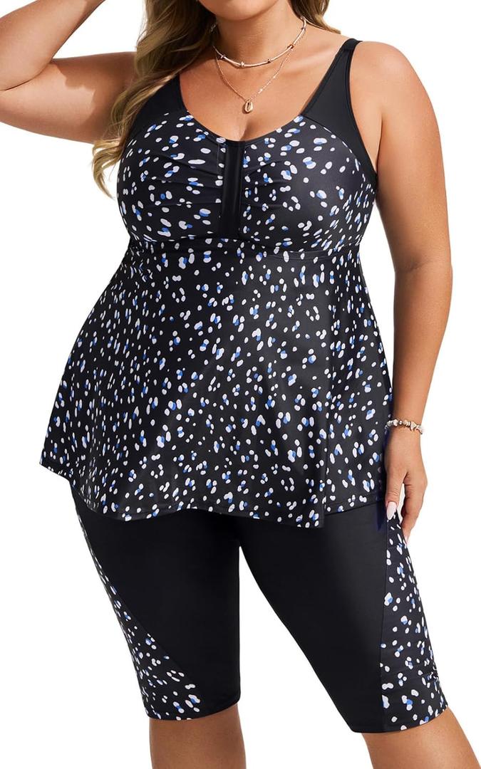 Hanna Nikole Women's Plus Size Tankini Swimsuits Two Piece Bathing Suit Flowy Rash Guard Swimwear with Capris Shorts (Large)