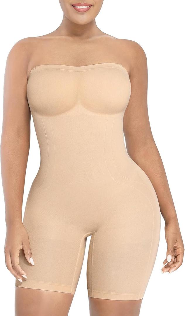 SHAPELLX Women's Shapewear Bodysuits Tummy Control Butt Lifter Body Shaper Strapless Seamless Mid Thigh Jumpsuit Tops (3X-Large-4X-Large, A1-beige-pull on)