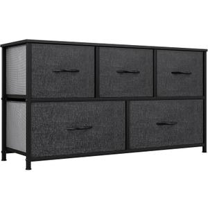 YITAHOME Wide Storage Tower with 5 Drawers - Fabric Dresser, Organizer Unit for Bedroom, Living Room, Closets - Sturdy Steel Frame, Easy Pull Fabric Bins & Wooden Top (Black/Grey)