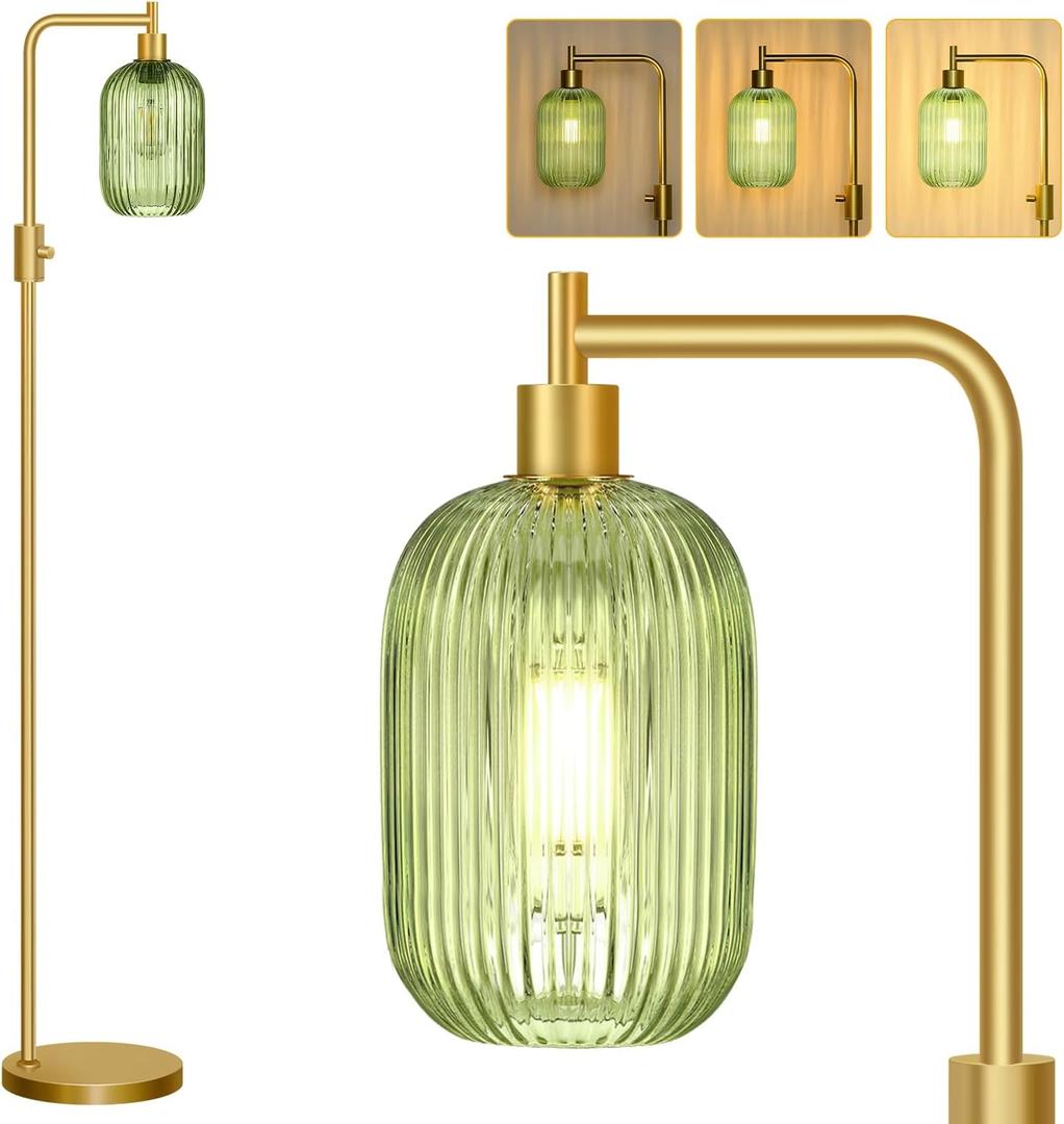 Upgraded Dimmable Glass Floor Lamp for Living Room, Modern Gold Standing Lamp with Green Ribbed Glass Lampshade & Knob Dimmer, Arc Tall Lamp for Bedroom Office Reading Room, 2700K Led Bulb Included