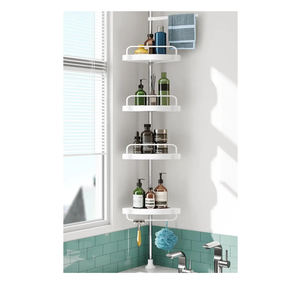 Corner Shower Caddy Tension Pole: Rust Proof 4Tier Shampoo Storage Organizer for Inside Shower - Telescoping Rod Shower Rack for Bathroom and Bathtub - Restroom Floor Standing Bath Rack Holder