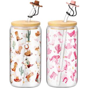 Baderke 2 Sets Western Cowgirl Beer Can 16 oz Drinking Cups with Bamboo Lid Glass Straw and Cleaning Brush Cowboy Boots Iced Coffee Cup Reusable Tumbler for Party Favors Gifts(Clear)
