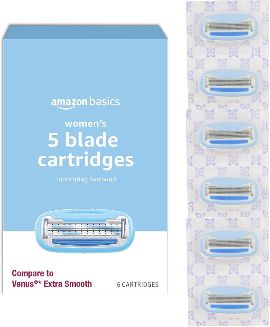 Amazon Basics 5-Blade Razor Refills for Women with Comfort-Coated Blades, Moisture Lubrication, Hypoallergenic, 6 Count (Fits Amazon Basics Razor Handles Only) (Previously Solimo)