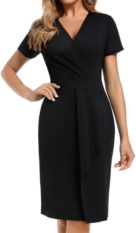 Women's Summer Shaper Dress V-Neck Short Sleeves Wrinkles Dresses Easter Evening Party Formal populish Skirts, XL