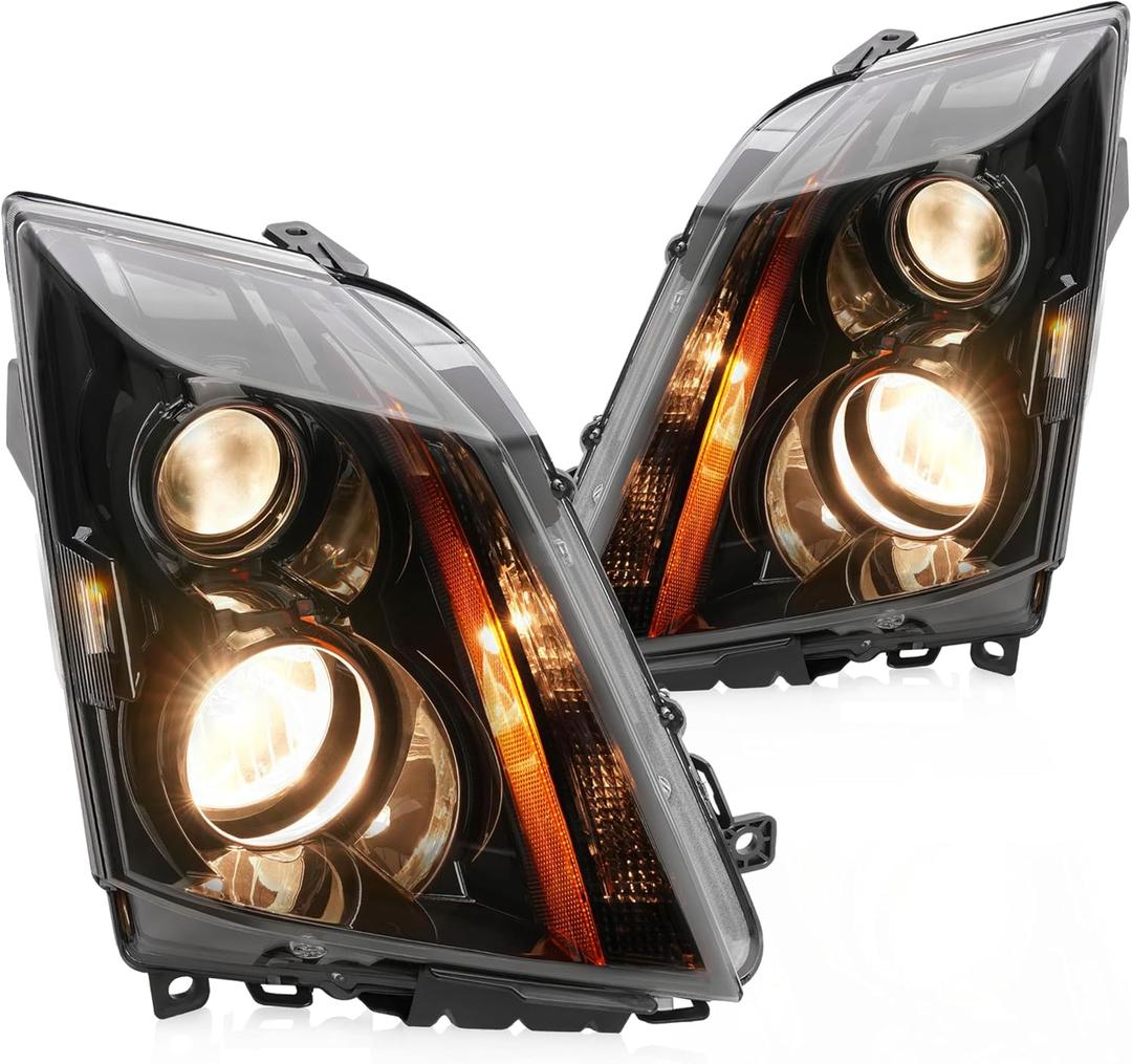 HECASA Pair Headlight Assembly Compatible with 2008-2015 Cadillac CTS Projector Front Lamp Not Compatible on Models w/Factory HID Headlights - Clear Lens Black Housing Orange Light Bar