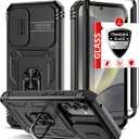 Compatible with Samsung Galaxy S24 Case with 1 Screen Protector,Built-in 360 Kickstand Ring,with Camera Cover Dustproof Shockproof Military Grade Drop Heavy Duty Protection Phone Bumper,Black