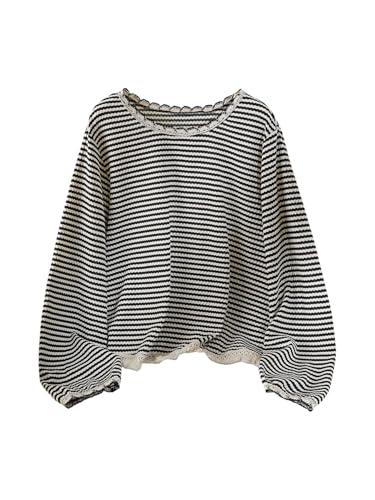 SOLY HUX Women's Plus Size Striped T Shirt Long Sleeve Crew Neck Tassel Hem Tee Casual Fall Tops Black and White Striped 4X-Large Plus