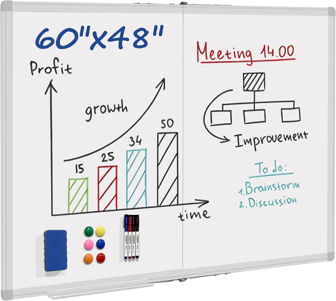 Dry Erase White Board 60 X 48 Inch, Wall-Mounted Silver Aluminum Frame Marker Presentation Board, 5' X 4' Foldable Portable Whiteboard with Pen Tray for School, Classroom, Office & Home