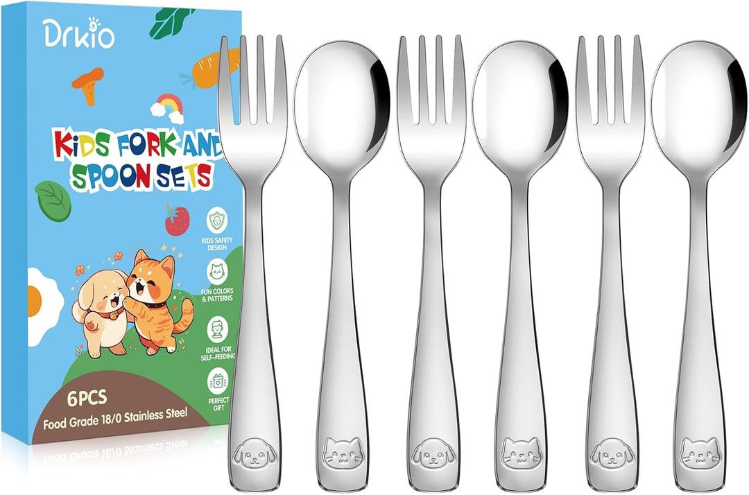 Stainless Steel Toddler Utensils Set - 6 Pieces Kids Silverware Set Children Safe Food Grade Small Forks and Spoons Dishwasher Safe Mirror Polished