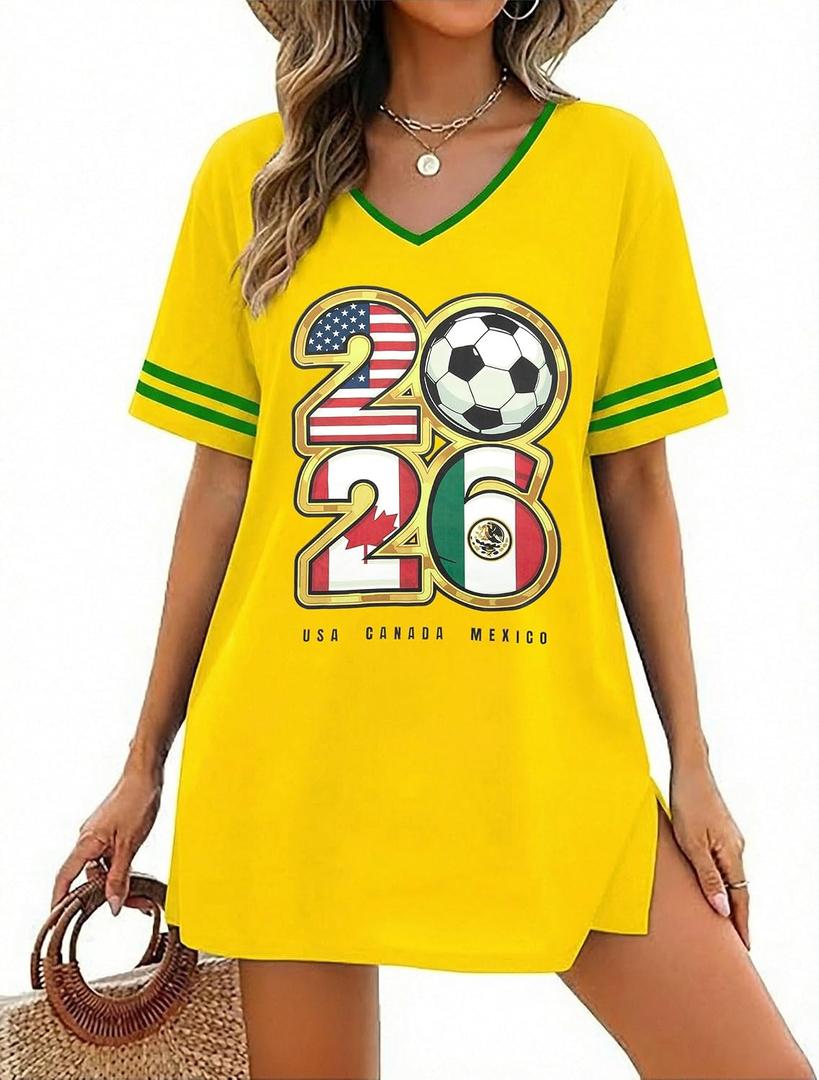 Soccer Cup 2026 Shirt Dress Women Soccer Season Dresses Game Day V-Neck Tshirt Dress Casual Short Sleeve Tops