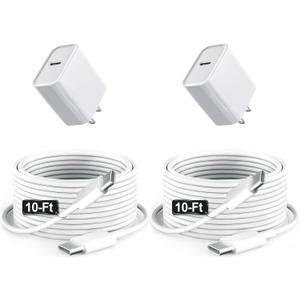 iPad Charger Fast Charging 10ft USB-C Cable & 20W USB-C Charger Block 2-Pack for Apple iPad A16/11th/10th/Pro 13/12.9/11/Air/Mini A17 Pro, iPhone 17/16/15 Series, White