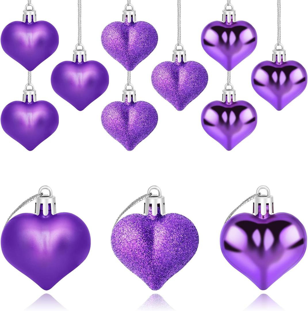 12 PCS Heart Ornaments 3 Different Finishes Heart Shaped Hanging Ornaments for Valentines Day Wedding Christmas Tree Mother's Day Anniversary Party Decoration (Purple)
