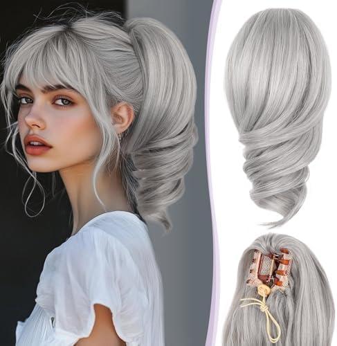 ZQIAN BEAUTY Claw Clip Ponytail Extension - 12 Inch Curly Ponytail Extension, Wavy Pony Tails Hair Extensions, Synthetic Hair Extensions Ponytail, Clip On Ponytails for Women （Color: Silver Grey）