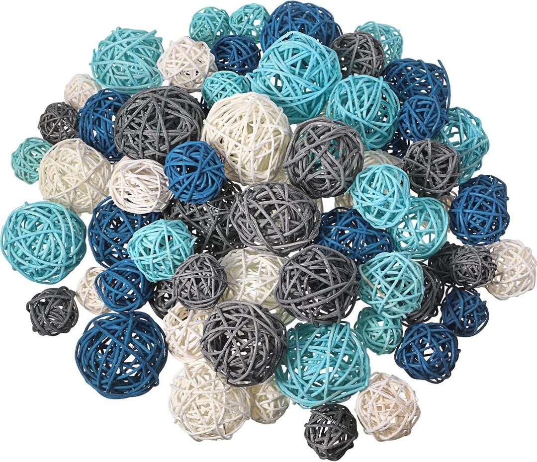 Patelai 72 Pcs Wicker Rattan Balls Decorative Balls for Vase Centerpiece Bowls Orbs Filler for Spring Summer Craft Home Decor, 4 Sizes(Dark Blue, Sky Blue, Gray, White)