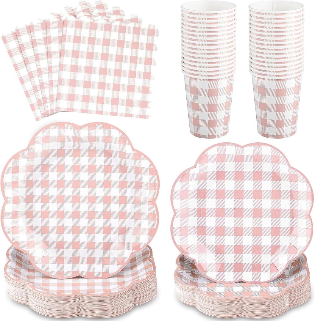 NatNarr 250 Pcs Pink Gingham Plates Set, Scalloped Pink and White Checkered Tableware Set Includes Disposable Plates Napkins and Cups for Wedding Birthday Picnic Baby Bridal Shower