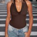 REORIA Womens Sexy Cowl Neck Halter Body Suits Summer Open Back Bodysuit Tank Tops (Brown, XXL)