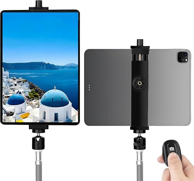 iPad Tripod Mount Adapter with Ball Head, Universal 360 Rotatable Tablet Clamp Holder with Bluetooth Remote for iPad Pro 12.9, iPad Air Mini, Galaxy Tab, Selfie Stick(6.2-11.8")