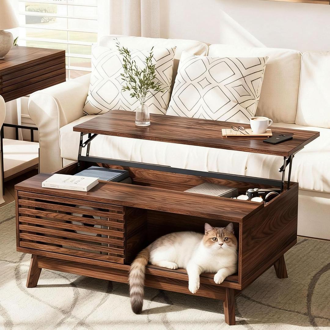 HAIOOU Lift Top Coffee Table, Mid Century Modern Coffee Table with Storage for Living Room, 35.4'' Walnut Coffee Tables with Sliding Fence Door (Brown), 21.7''d X35.4''w X17.1''h