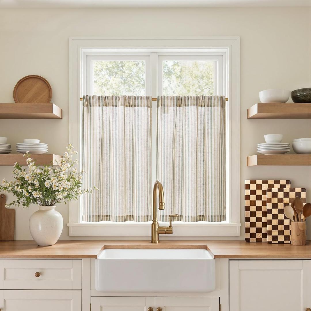 jinchan Colorful Striped Linen Kitchen Curtains 36 Inch Tier Curtains Farmhouse Modern Cafe Small Window Treatments Light Filtering Rod Pocket for Living Room Bathroom 2 Panels Multi Green