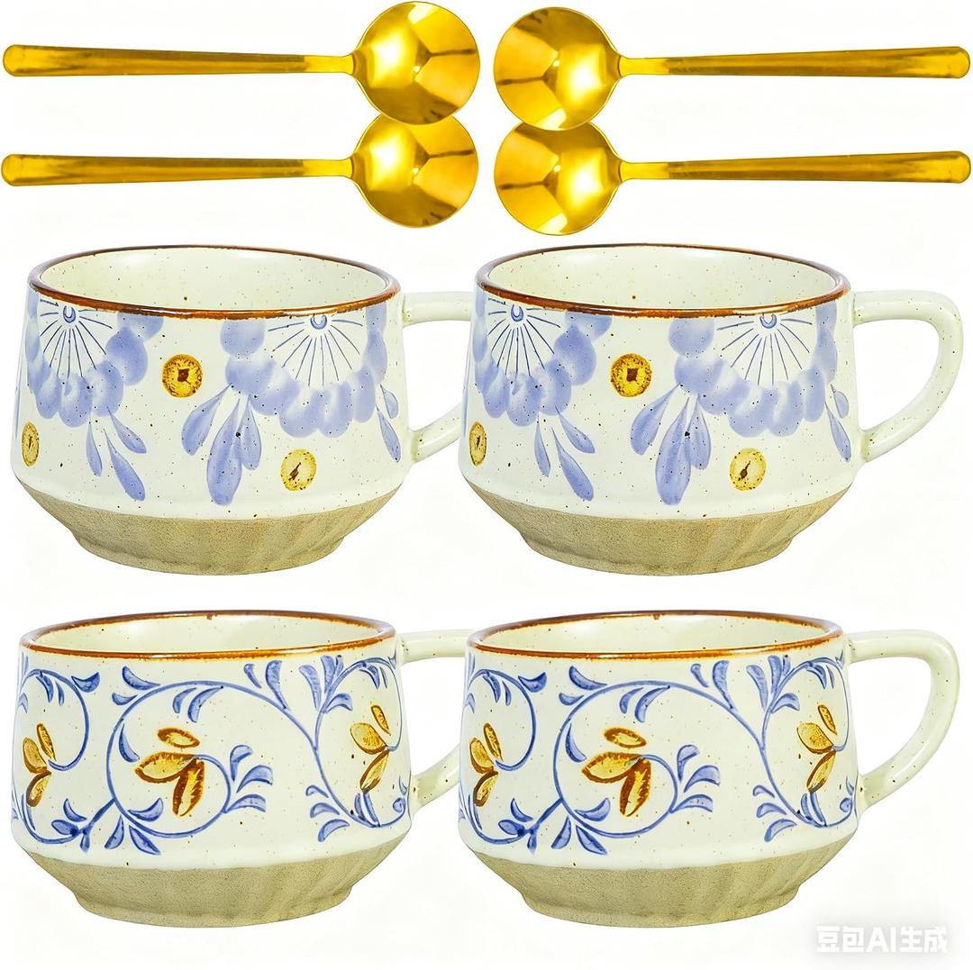 Mediterranean Style Modern Ceramic Coffee Mug Set of 4, 9oz Meal Cup Set with Handle for Coffee, Cappuccino, Tea, Cocoa, Milk - Ceramic Drinkware Set, (khaki, 10, OZ)