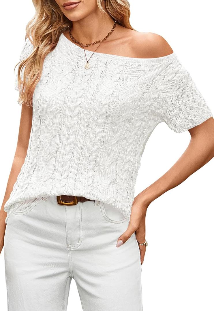 Cakulo Womens Cable Knit Short Sleeve Sweaters Tops Lightweight Crew Neck Pullover Sweater 2025 (Large, White)