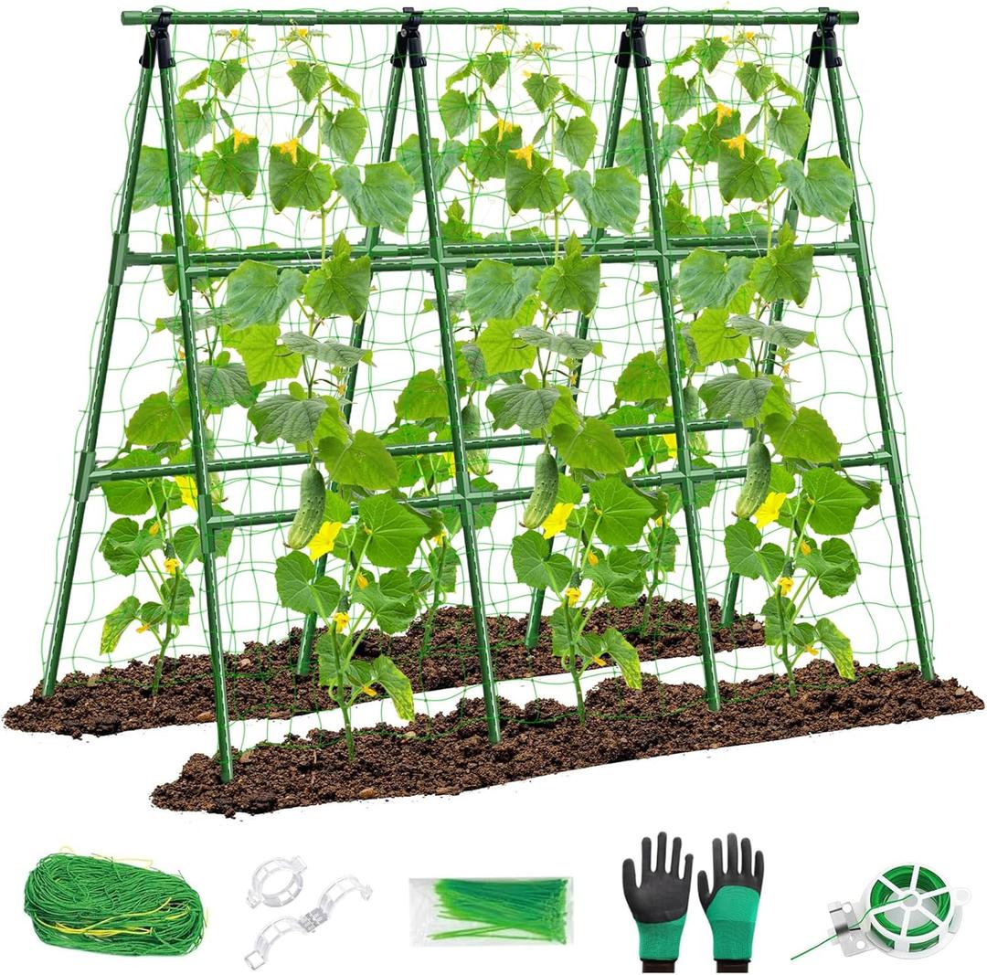 Cucumber Trellis for Raised Bed, Foldable A-Frame Garden Trellis for Climbing Plants Outdoor with Climbing Net and Plant Clips, Vertical Metal Cucumber Plant Support for Vegetable,Green Beans,Zucchini