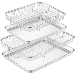 TeamFar Air Fryer Basket for Oven, 2 Set Stainless Steel Air Fryer Basket and Tray, 16x12 & 12.5x9.6 Oven Air Fryer Rack with Baking Pan for Cooking Baking Broiling Grilling, Dishwasher Safe