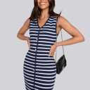 2 x UEU Women's Summer Striped Sleeveless Sweater Mini Dress V Neck Elegant Bodycon Knit Dress Button Work Short Dresses (XL)