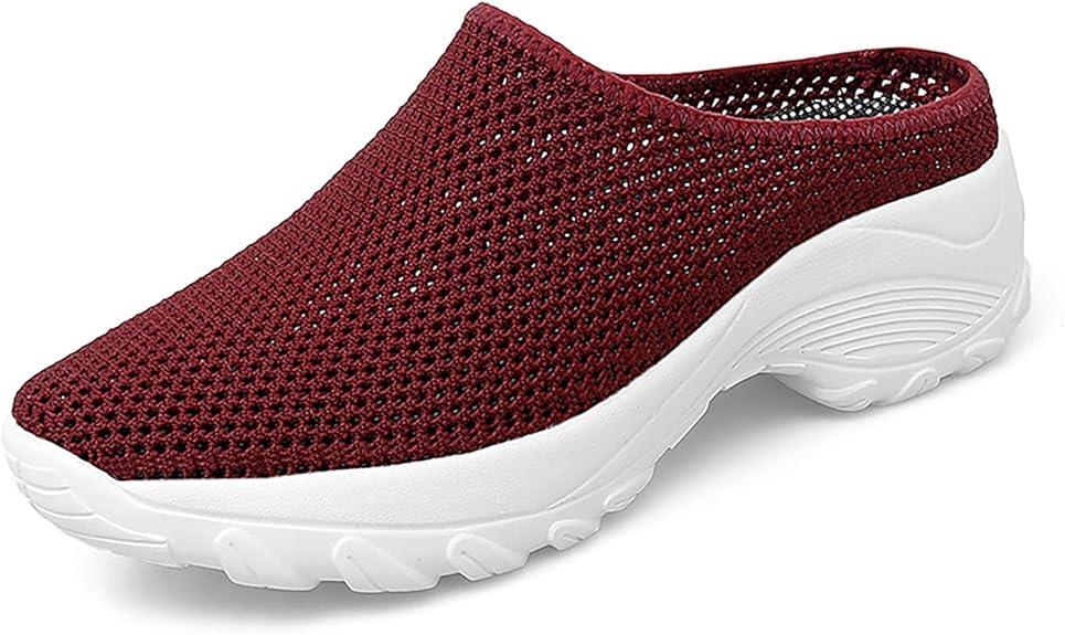 Women's Knitting Platform Orthopedic Clogs Mules Slip On Lightweight Breathable Arch Support Wedge Backless Sneakers Summer Outdoor Non-Slip Slipper Walking Shoes for Daily Work (Red,,8)
