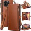 XcaseBar compatible with iPhone 16 Pro 6.3" Wallet case with Zipper Credit Card HolderRFID Blocking,Flip Folio Book PU Leather Phone case Shockproof Cover Women Men for Apple 16 Pro case Light Brown