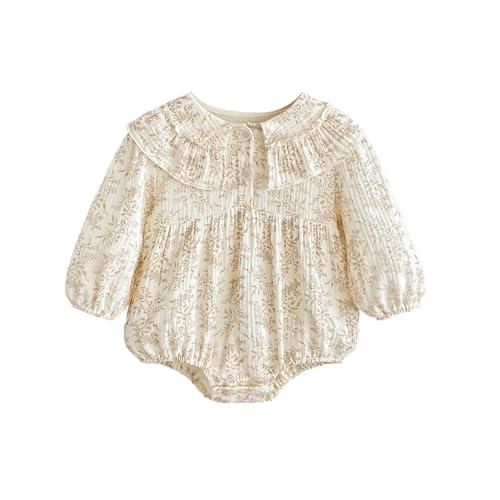 Fuobuluo Baby Girl Floral Romper with Peter Pan Collar,Bubble Sleeve Cotton Bodysuit for Infant Photographs Outfits (Beige Long, 12-18 Months)(Off-White)