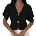SOLY HUX Women's Short Sleeve Cardigan Sweater Spring Office Clothes Button Down V Neck Slim Fit Elegant Knit Tops Plain Black X-Small