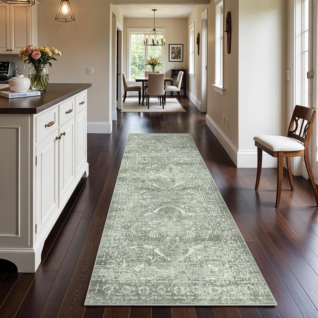 Hallway 3x10 Runner Rug - Vintage Non-Slip Long Rug for Entryway Low-Pile Washable Medallion Runner Rugs for Hallway Waterproof Traditional Runner Rug Indoor Thin Rug for Kitchen (Green) Hallway 3x10 Runner Rug - Vintage Non-Slip Long Rug for Entryway Low-Pile Washable Medallion Runner Rugs for Hallway Waterproof Traditional Runner Rug Indoor Thin Rug for Kitchen (Green)