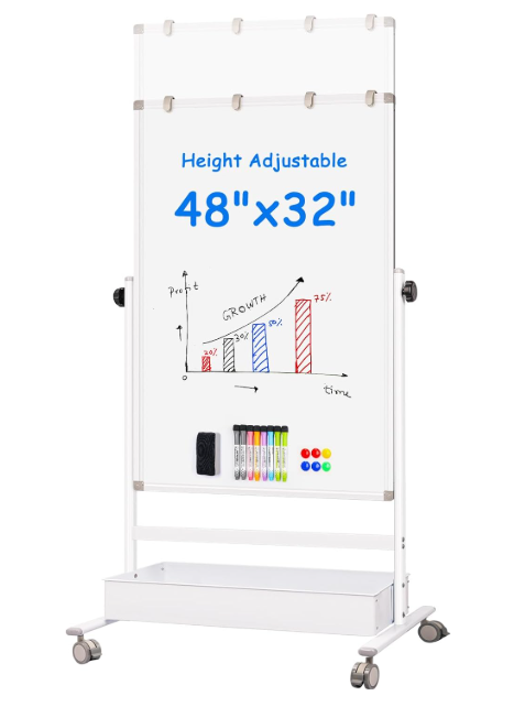 Maxtek Mobile White Board on Wheels 48x32, Magnetic Storage Easel Standing
Height Adjustable Dry Erase Board With Storage, Large Double-Sided Rolling Stand for Classroom, Home, School and Teachers