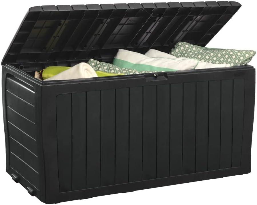 Keter Marvel Plus 71 Gallon Resin Deck Box-Organization and Storage for Patio Furniture Outdoor Cushions, Throw Pillows, Garden Tools and Pool Toys, Dark Grey (Graphite)