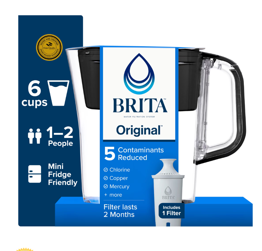 Brita Standard 6-Cup, Black Plastic Water Filtration Pitcher