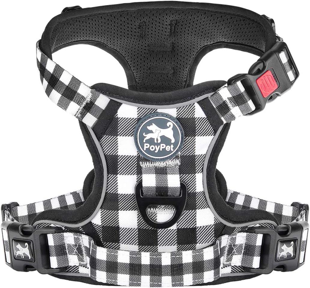 PoyPet No Pull Dog Harness, [Neck Release] Reflective Adjustable No Choke Pet Vest with Front & Back 2 Leash Attachments, Soft Control Training Handle for Small Dogs(Grid, M)