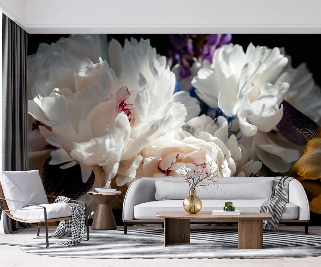 White Peony Flower and Black Background Wallpaper for Bedroom Wall Decor (Not Peel and Stick) (M03)