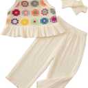 Toddler Baby Girl Summer Clothes Outfits Crocheted Ruffle Camisole Pants Kids Clothing Set, Size 2-3Y (Beige)