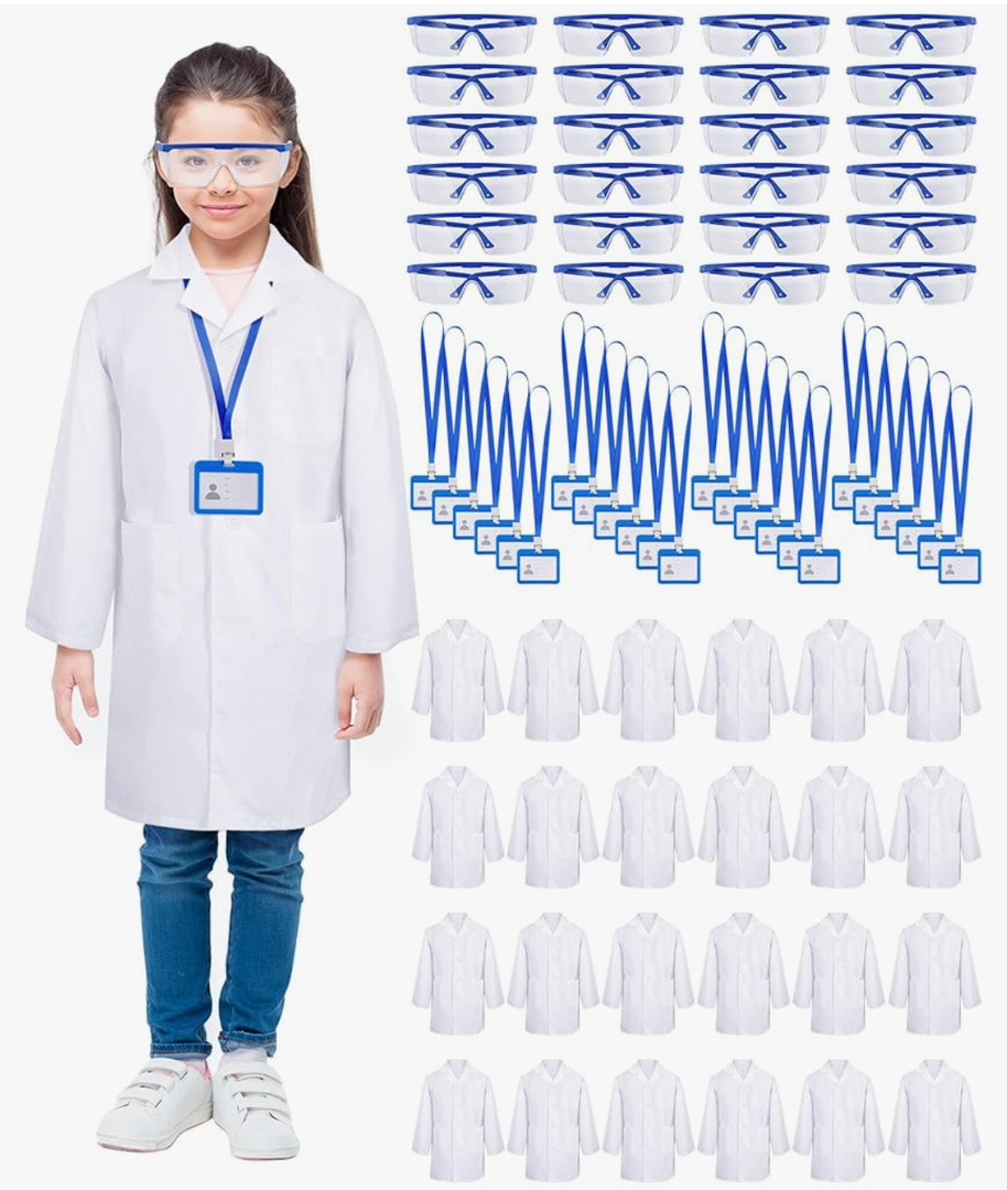 Xtinmee 24 Sets 72 Pcs Kids Lab Coat Set Doctor Costume with Goggles ID Card Holder Science Experiment Doctor Dress Up Kit Size S