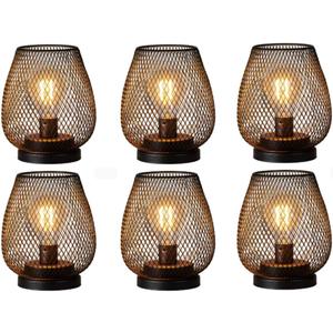 DECORKEY Set of 6 Battery Operated Lamp LED Table Lantern, Brown Metal Cage Cordless Lamps with LED BulbVintage Decorative Outdoor Lantern for Weddings, Parties, Patio, Events for Indoors Shelf Decor