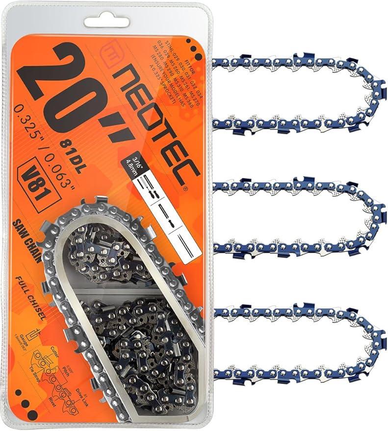 NEO-TEC 20 Inch Chainsaw Chain 0.325" Pitch, 0.063" Gauge, 81 Drive Links Fits For MS291, MS271, MS261 and More- 26RS81, 26RM381 (3 Chains)