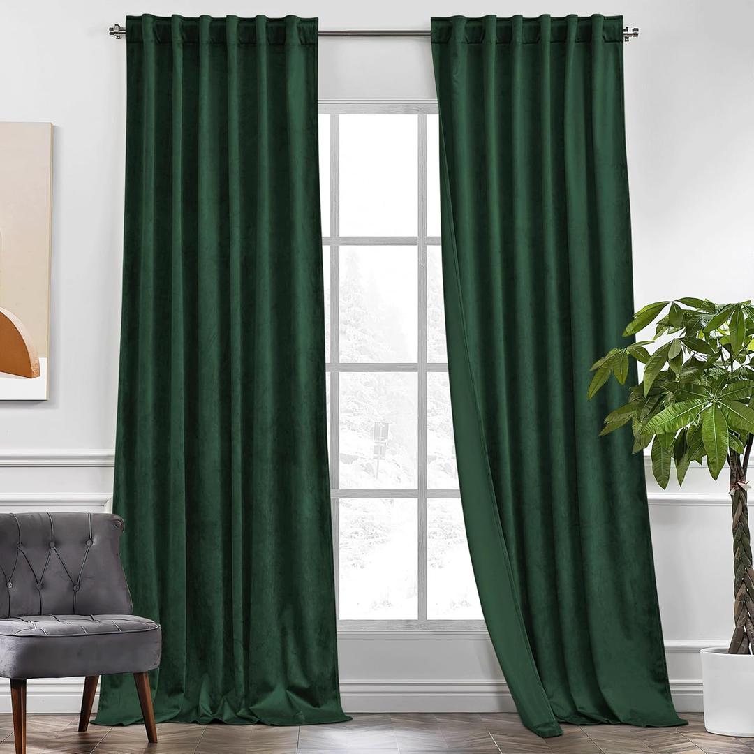 KGORGE Green Velvet Curtains 102 inches 2 Panels, Room Darkening Thermal Insulating Window Drapes Velvet Blackout Curtains for Bedroom Living Room, Back Tab Rod Pocket, Hunter Green, W52 x L102