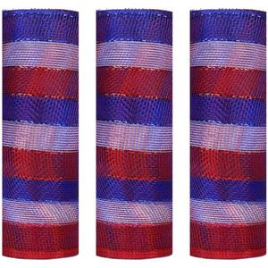 3 Rolls Red White Blue Stripe Deco Mesh Ribbon for Patriotic Wreath Making Supplies, 10 Inch x 30FT Metallic Foil Burlap Deco Mesh Fabric for DIY Crafts Door Wreath Swags and Decorating