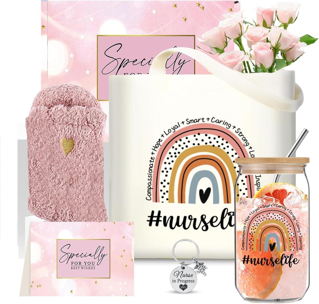 Nurse Christmas Gift Set 16oz Glass Cup Work Tote Bag Box for Women Nurses - Appreciation, Thank You, Holiday Presents for RNs Practitioners