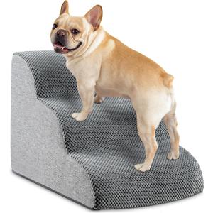 Dog Stairs, 15.7” H – 3-Step Foam Ramp for Small Dogs & Cats, Waterproof Washable Cover, Non-Slip Base, Lightweight Pet Ladder for Couch or Bed (Grey)